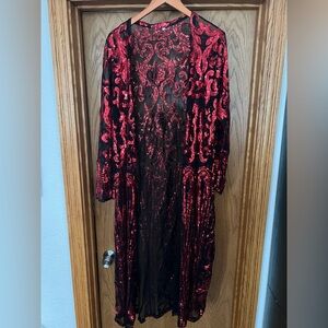 Red and Black Sheer Long Sleeve Cardigan